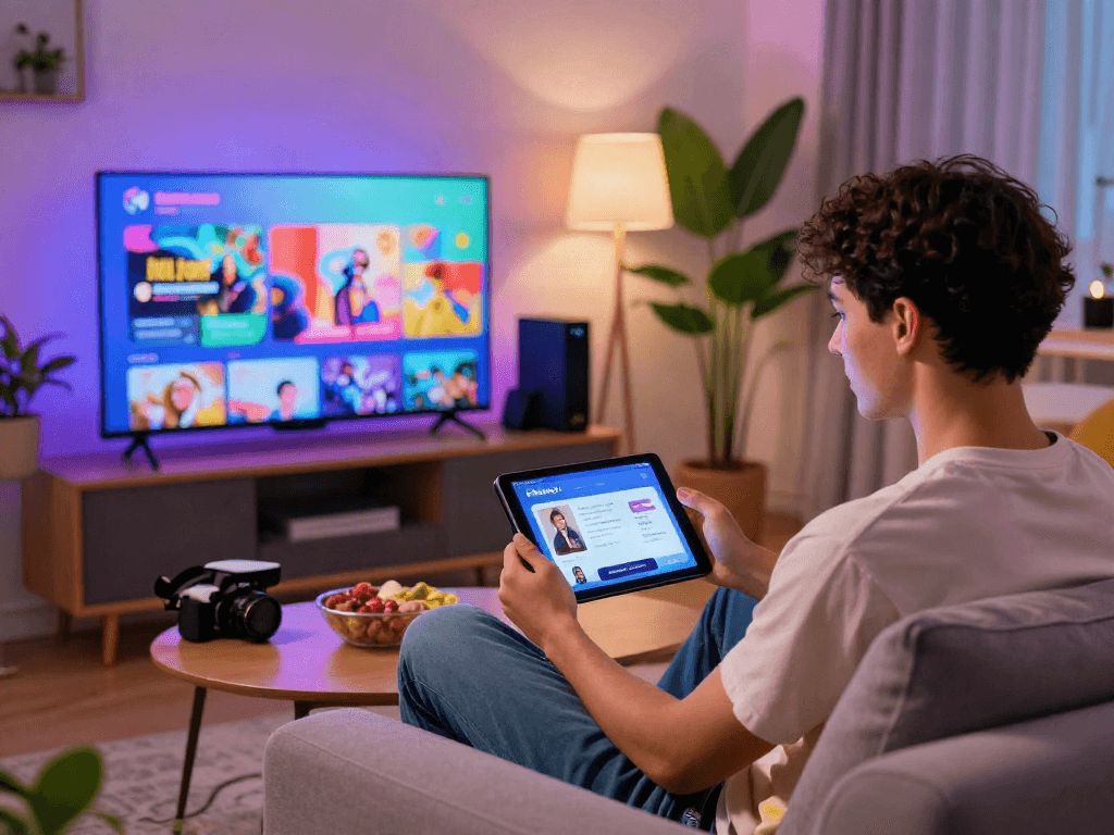 Enjoying Pikashow streaming on a tablet in a cozy living room.