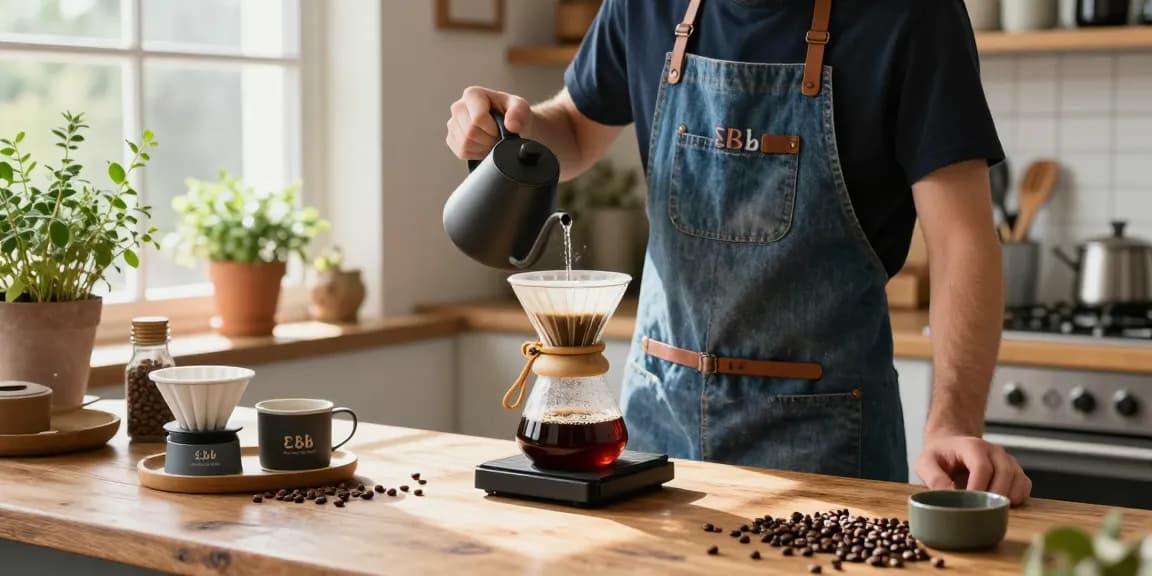 Barista with Ebb apron pouring coffee using reusable filters at www.ebbfilter.com.