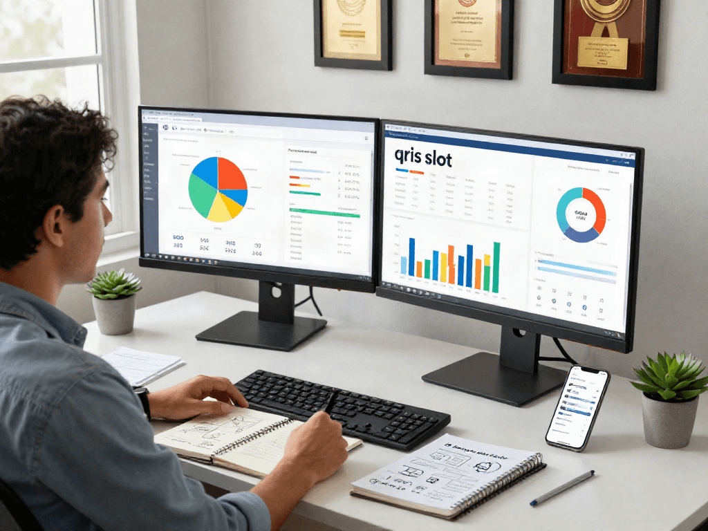Marketing strategist analyzing SEO for qris slot on dual monitors in a bright office.