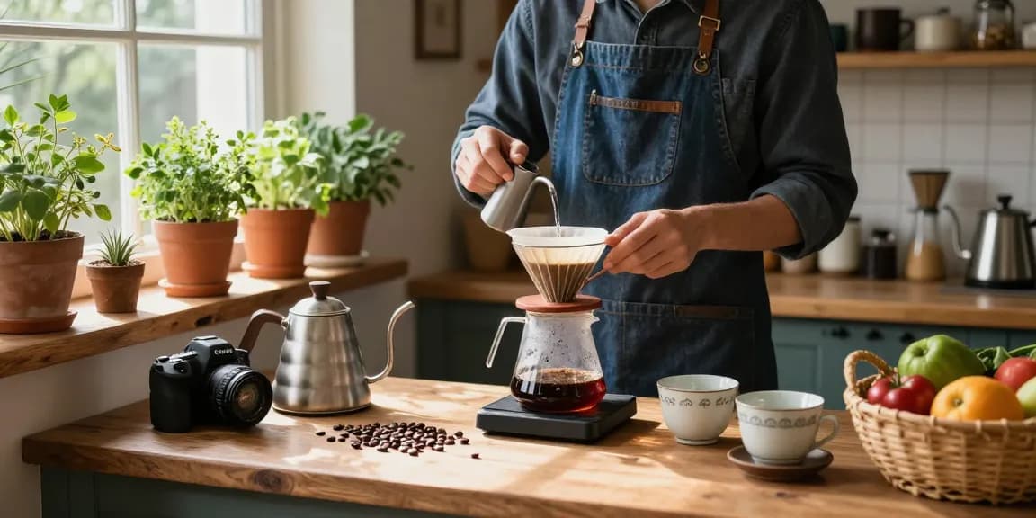 Elevating your coffee experience with Ebb reusable filters and upcycled denim aprons in a cozy kitchen, www.ebbfilter.com.