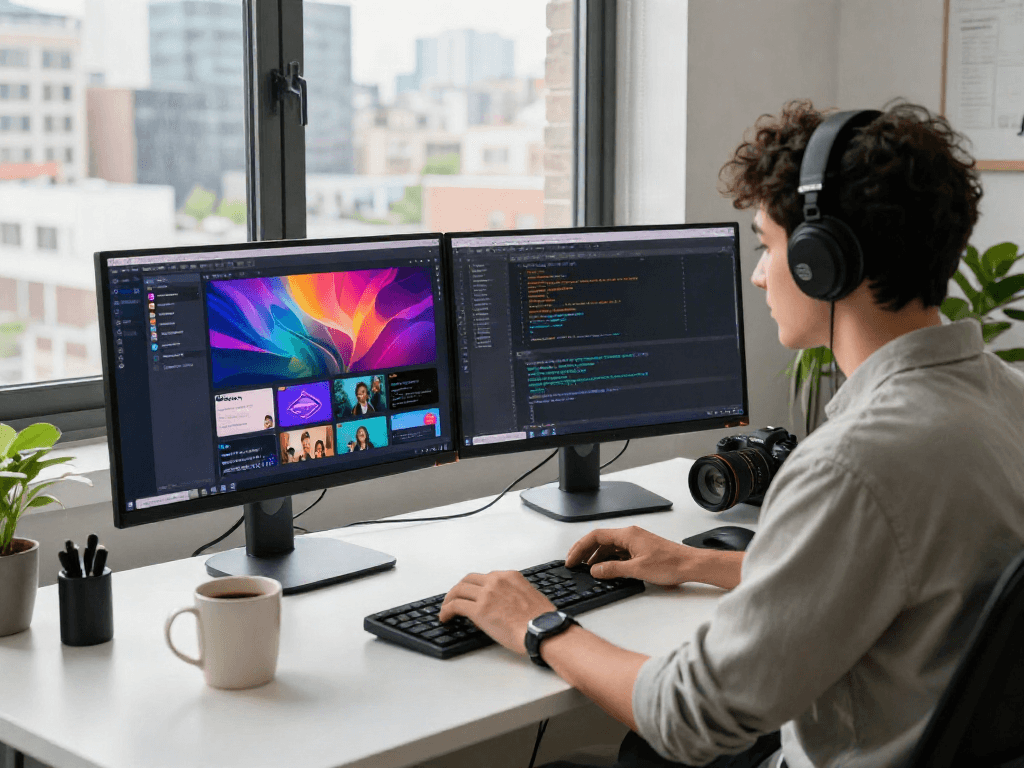 The pikashow app showcased on dual monitors in a modern tech workspace, reflecting a vibrant streaming interface and coding environment, illustrating a productive developer's setting.