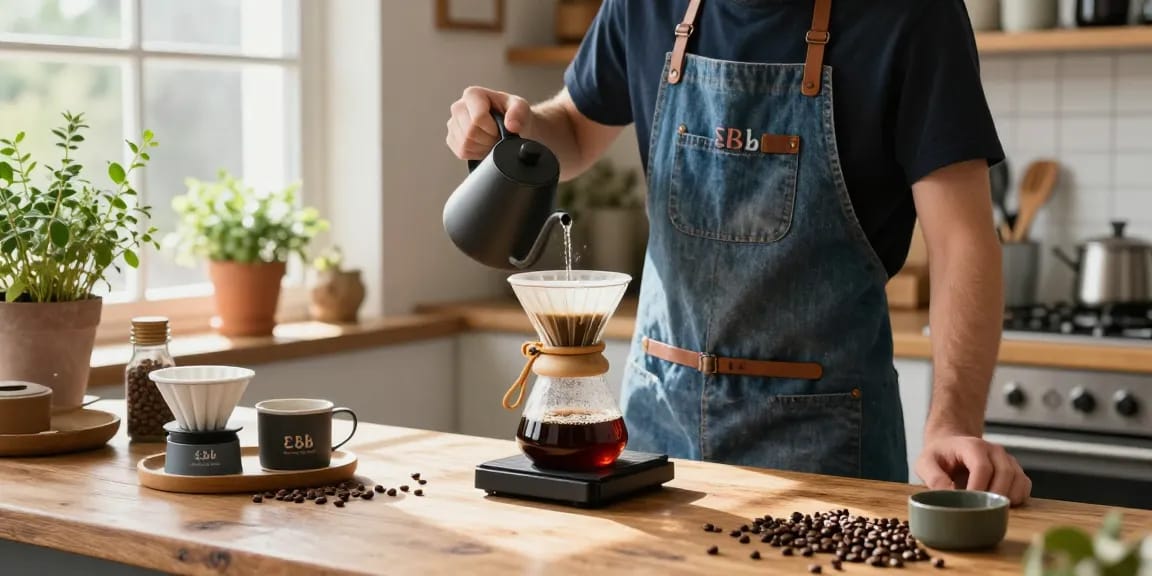 Barista with Ebb apron pouring coffee using reusable filters at www.ebbfilter.com.