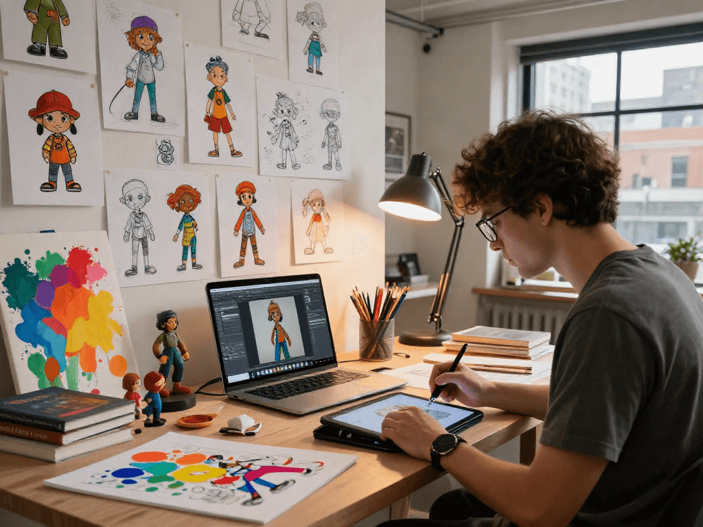 Character AI NSFW design artist in vibrant urban studio, creating unique character sketches.