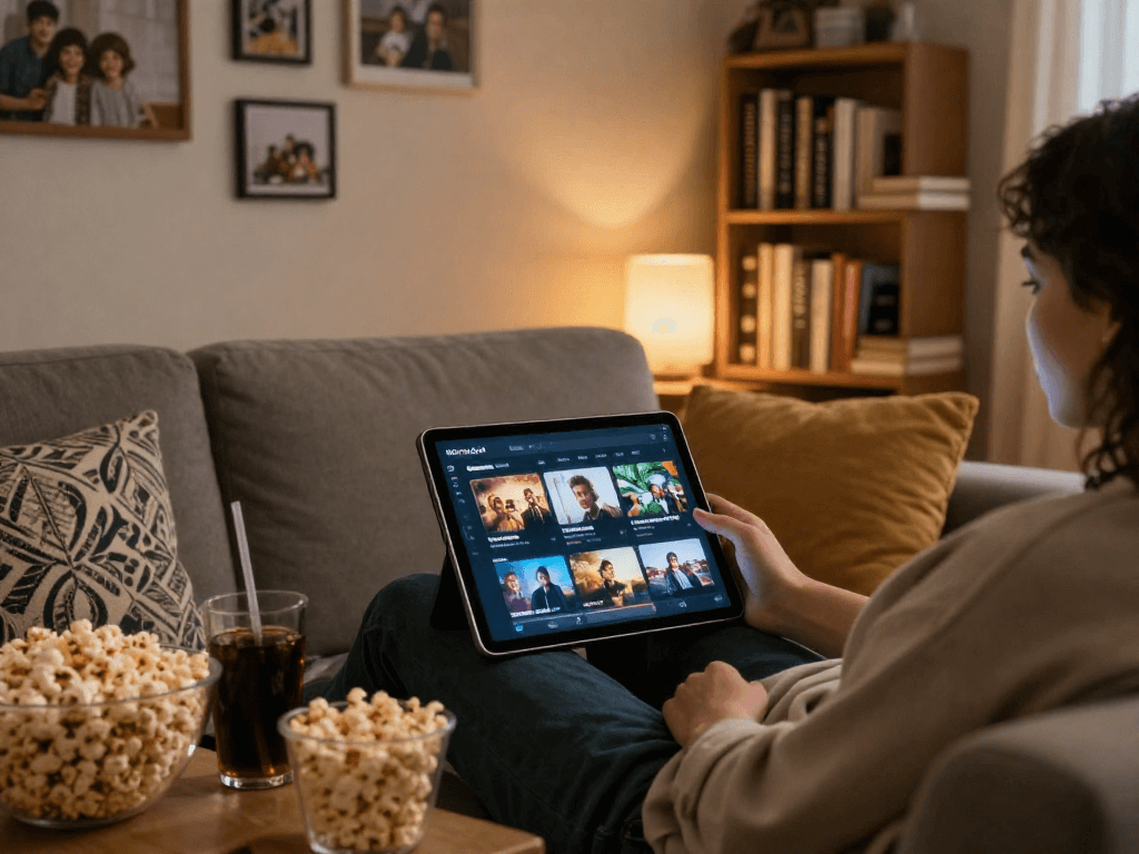 Enjoying the Moviebox app in a cozy living room with popcorn and tablet.