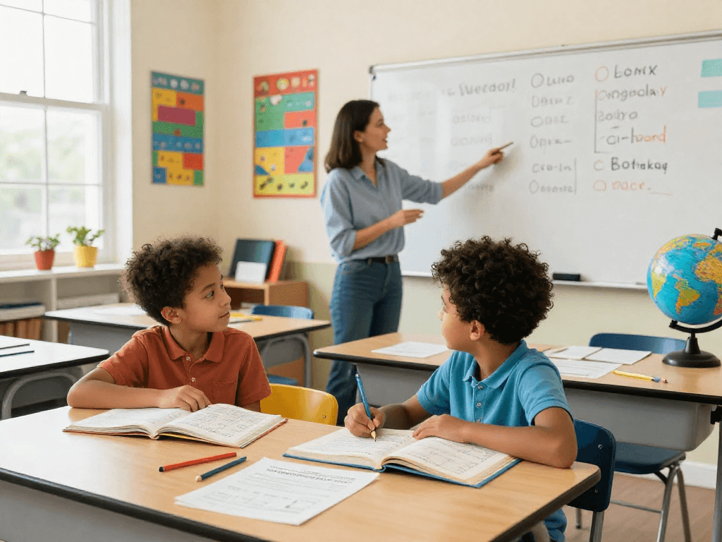 Math and English tutors engaging children in a vibrant classroom setting with educational materials.
