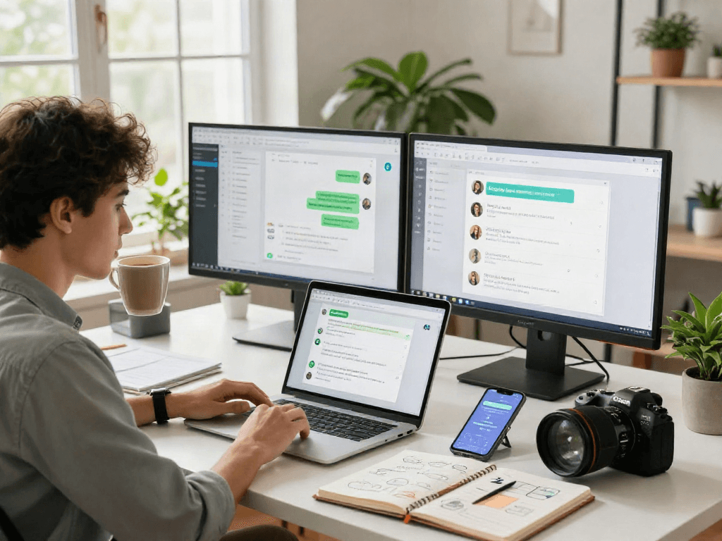 Engaging workspace with a young professional using gb whatsapp for app analysis in a bright home office.