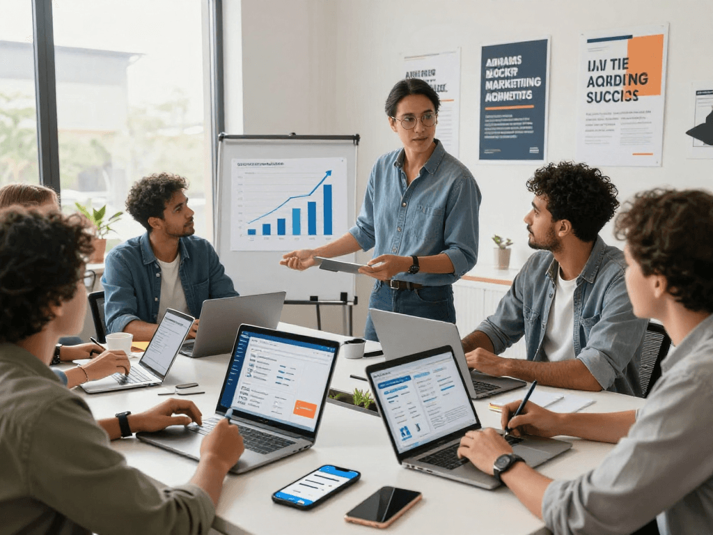 Buy app installs strategy session in a modern office with team collaboration.
