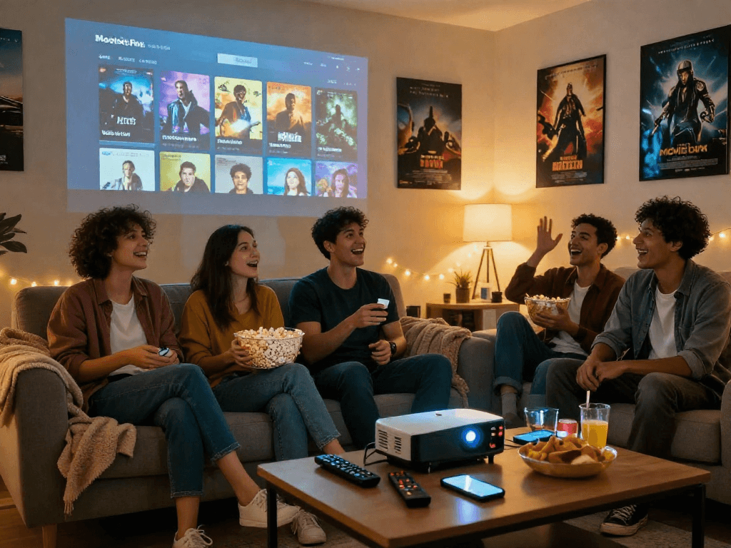 Friends enjoying a movie night using the Moviebox app, popcorn and snacks, cozy living room atmosphere