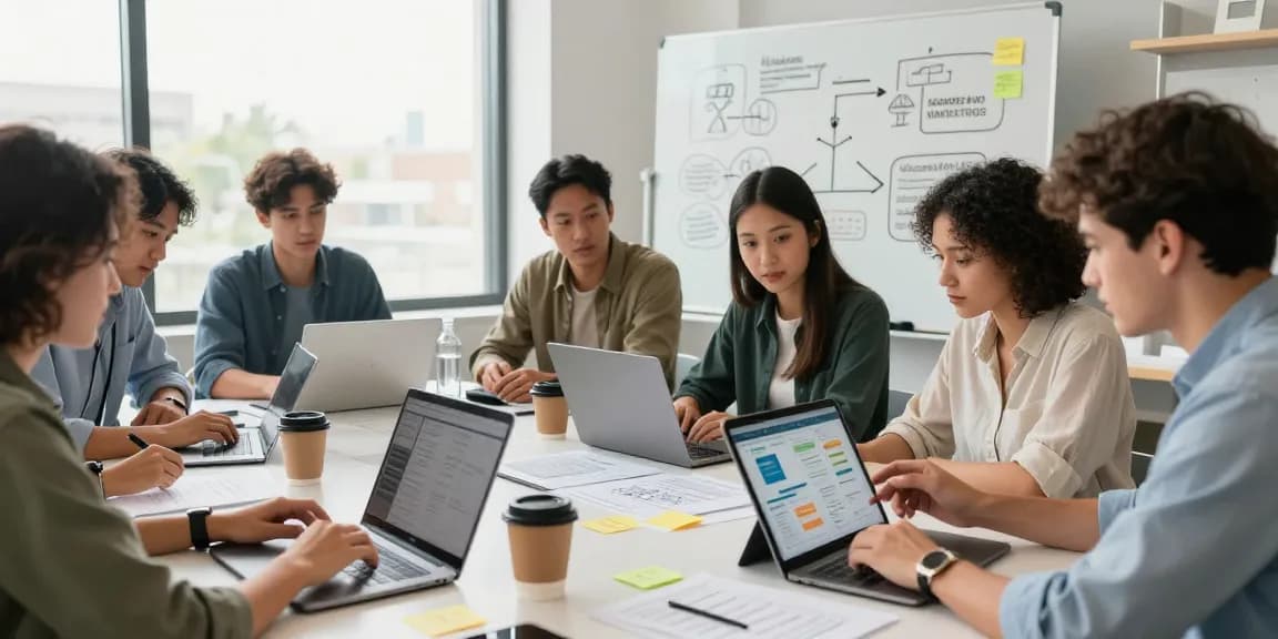 Buy app installs strategy meeting in a vibrant co-working space with diverse professionals collaborating.