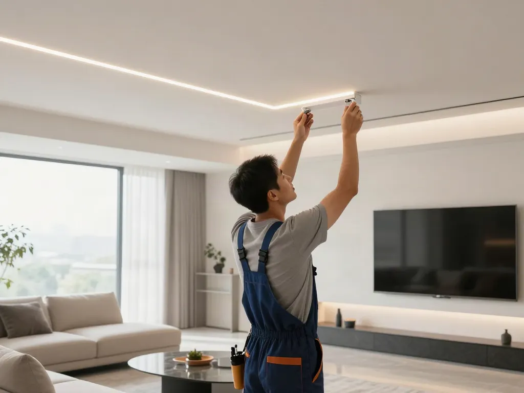 Instalare sina magnetică încastrată de către un profesionist în serviciile de iluminat LED, în interior modern.