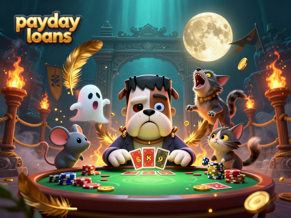 Play exciting payday loans adventures with a 3D Frankenstein bulldog gaming at a spooky casino table.