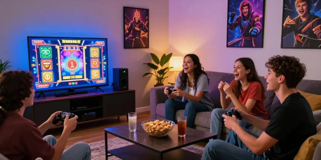 Friends enjoying proplay88 online slot games in a lively living room
