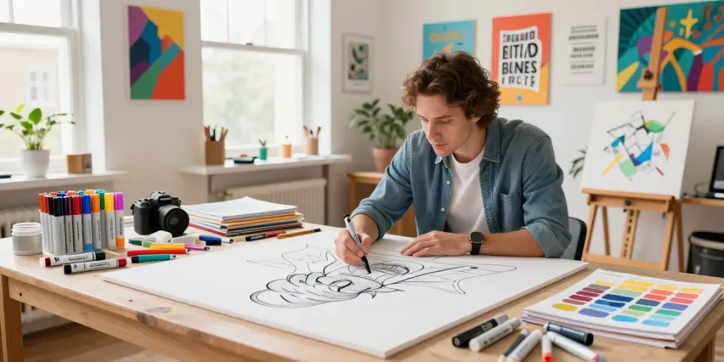 Professional artist creates vibrant artwork using marker pens from a leading marker pen supplier in a bright studio.