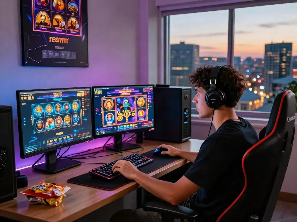 Gamer enjoying slot resmi games in a vibrant, modern setup with colorful displays and gaming accessories.