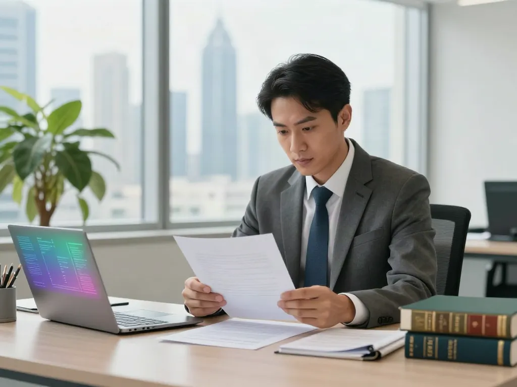 Scam Money Recovery Lawyer Dubai working in a modern office setting, reviewing legal documents.