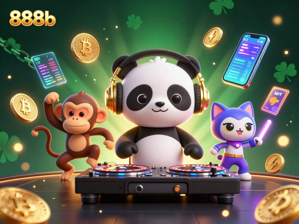 Experience vibrant 888b gaming with DJ panda, dancing monkey, and glowing kitten amidst vibrant crypto symbols.