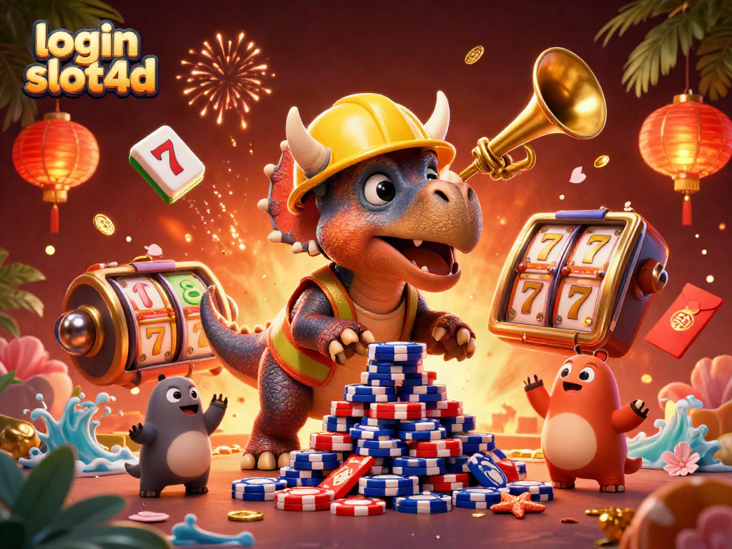 Experience the excitement of login slot4d with a vibrant 3D illustration of thrilling casino characters and elements.