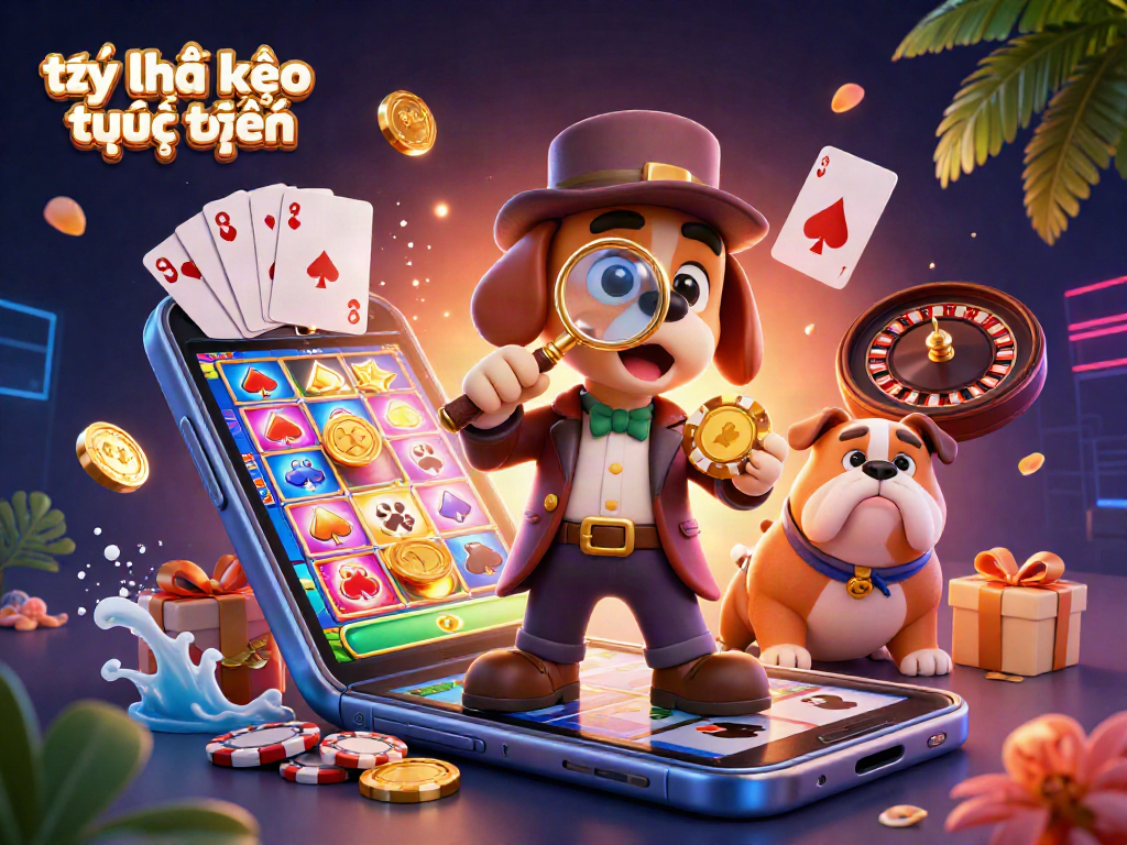 Engaging illustration of tỷ lệ kèo trực tuyến showcasing a detective and bulldog amidst dynamic gambling elements.