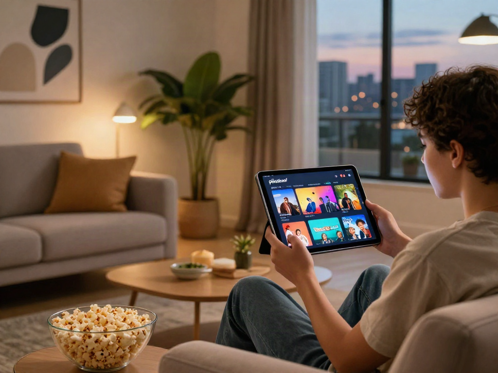 Pikashow apk download showcased on a tablet in a cozy living room with engaging show thumbnails.