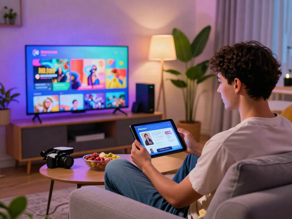 Enjoying Pikashow streaming on a tablet in a cozy living room.