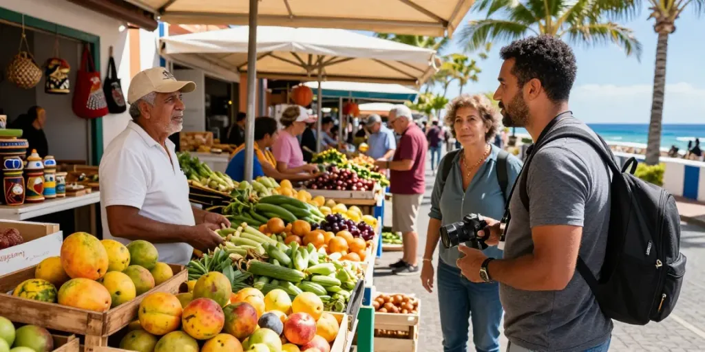 Engaging local market scene highlighting Canarian news in vibrant atmosphere.