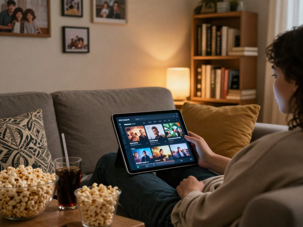 Enjoying the Moviebox app in a cozy living room with popcorn and tablet.