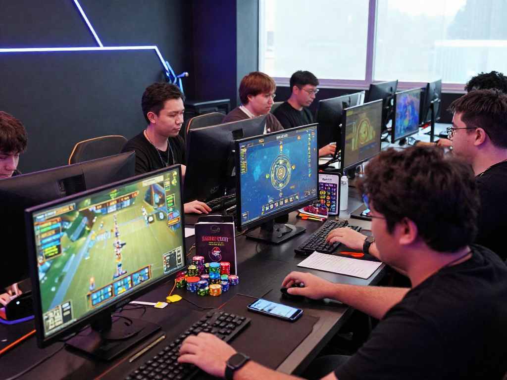 Engaged players enjoying bandar togel online with vibrant screens and gaming tokens, showcasing a thrilling atmosphere.
