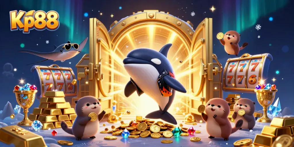 Kp88 showcases a dynamic casino scene with sea creatures celebrating wins alongside slot games and treasures.