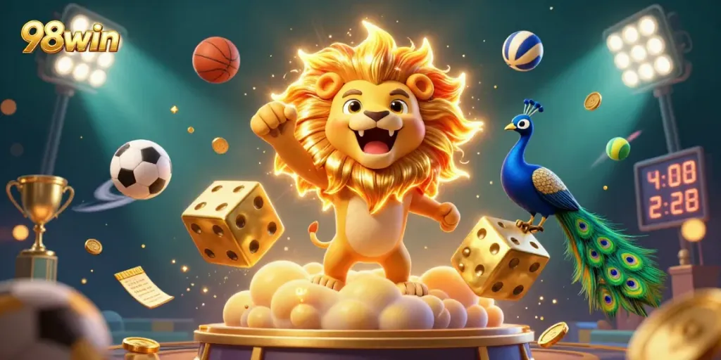 Experience thrilling action at 98win with dynamic sports elements, golden dice, and a captivating lion mascot.