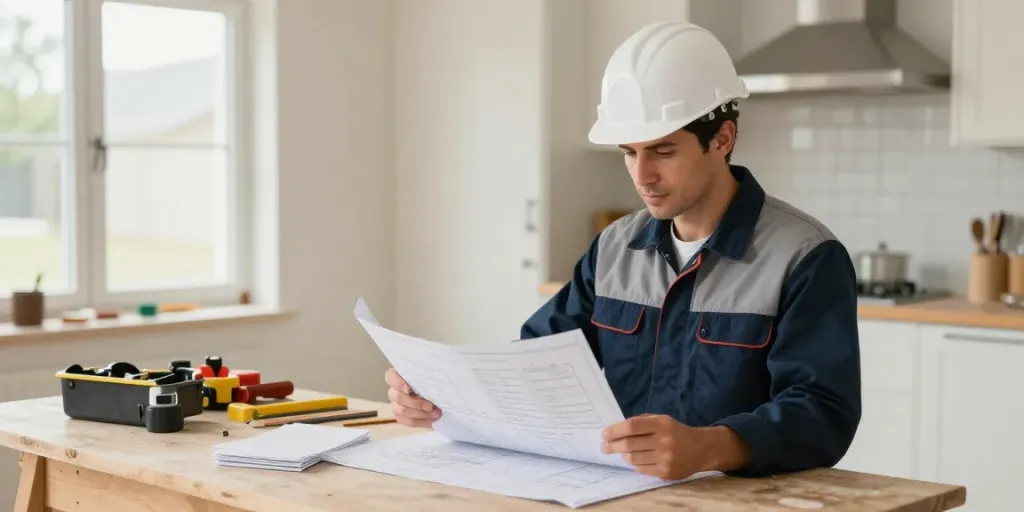 Wish4D: Trusted local contractor reviewing plans in a beautiful home renovation.