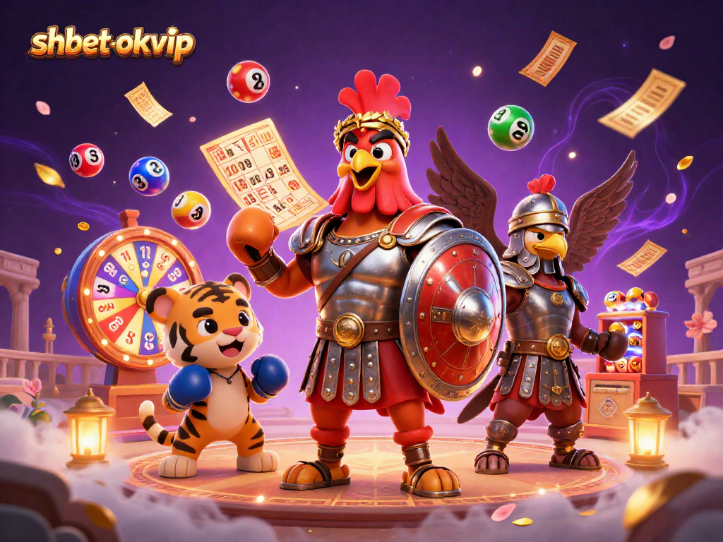 Experience thrilling games with shbet-okvip as a gladiator rooster and companions celebrate wins!