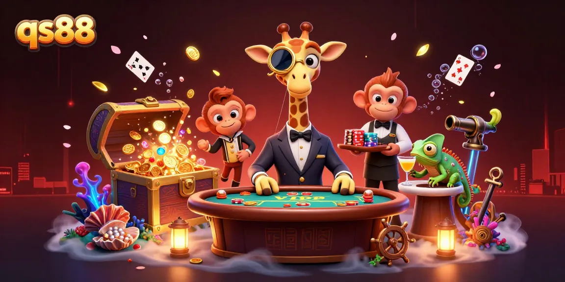Experience the excitement of qs88 at a VIP poker table with a high-roller giraffe and cocktail chameleon