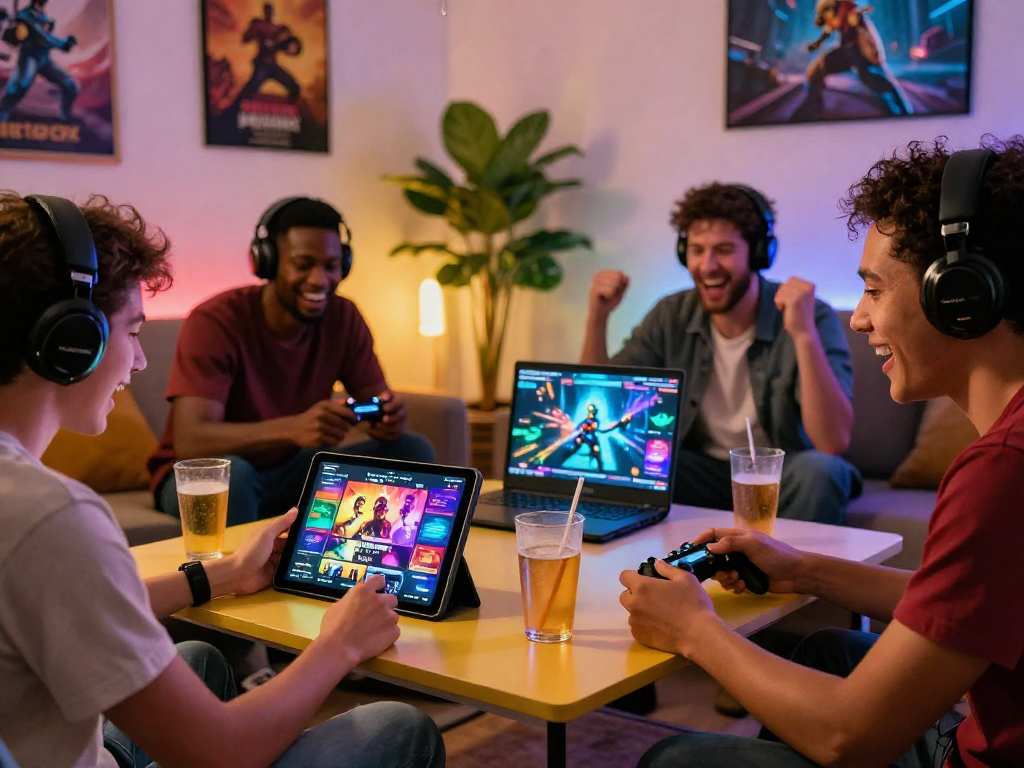 Engaging gaming atmosphere with friends playing immersive porn games online.