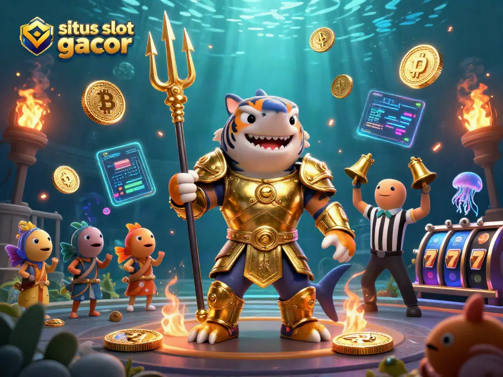 Spin the reels with situs slot gacor in an underwater casino scene featuring a tiger shark and crypto elements.