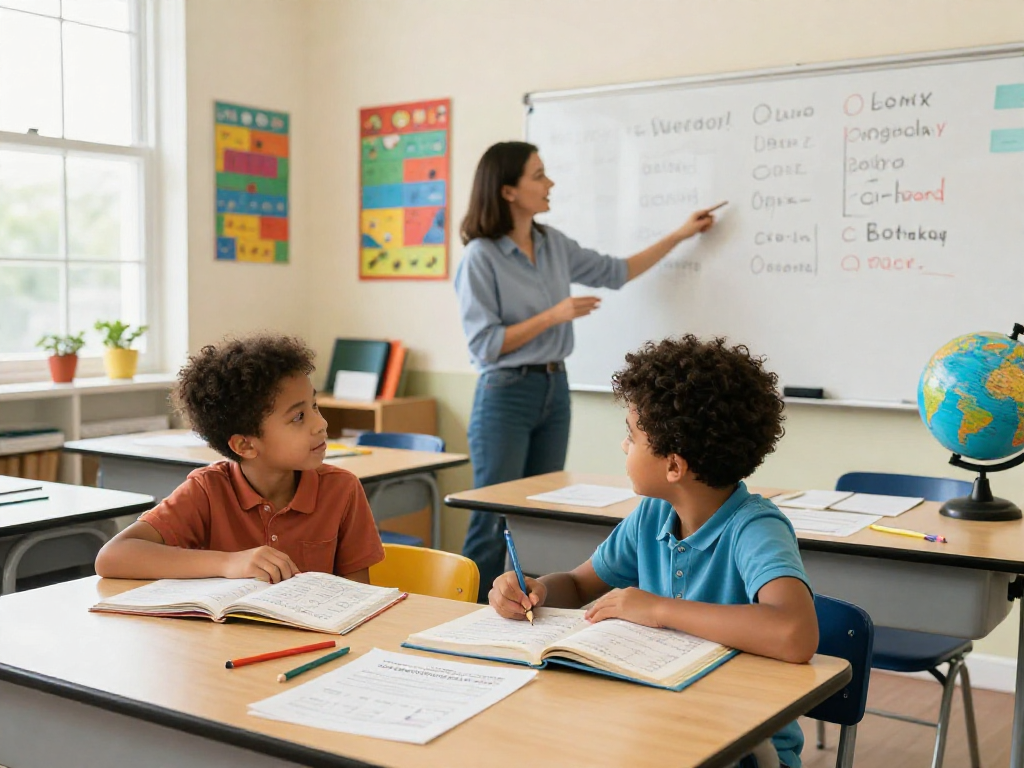 Math and English tutors engaging children in a vibrant classroom setting with educational materials.