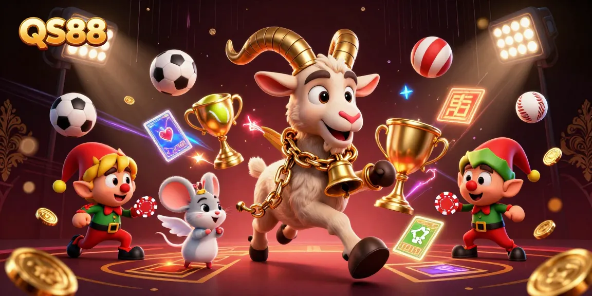 Engage with QS88 in a captivating casino scene featuring festive characters and dynamic sports betting elements.
