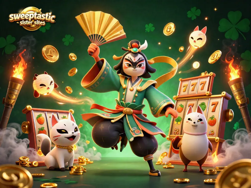 Engage with Sweeptastic sister sites through this dynamic casino illustration full of slot reels and rich bonus features.