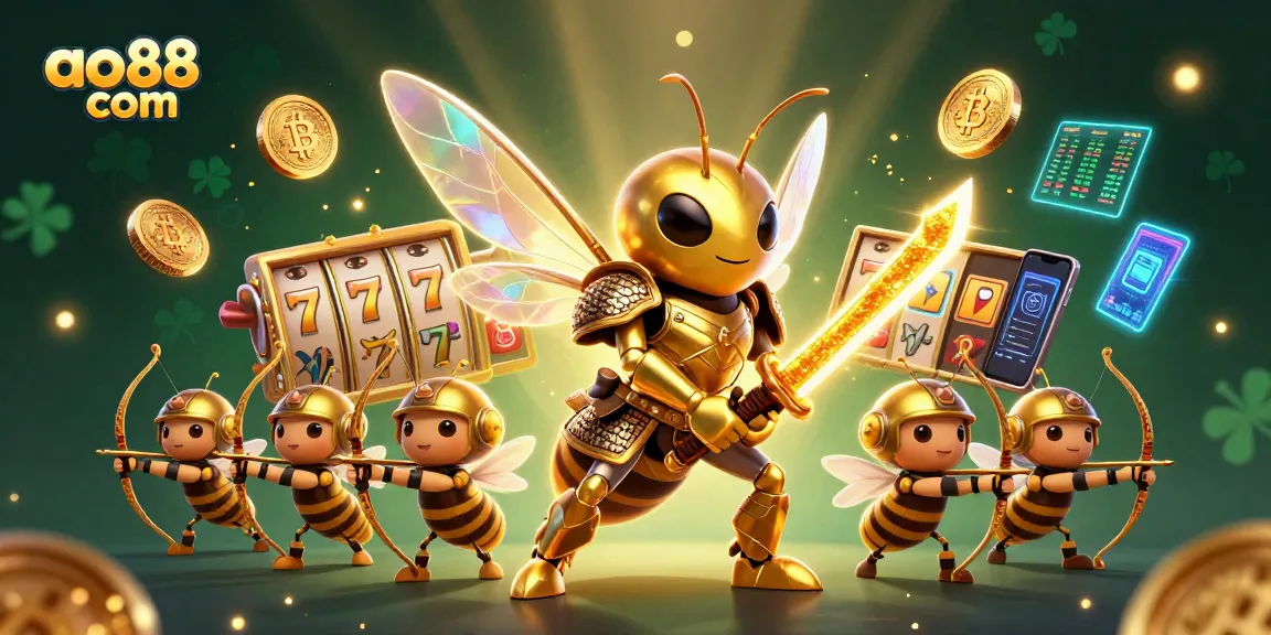 Engage in thrilling gaming action at ao88 com with immersive 3D visuals featuring a golden hornet samurai and slot game elements.