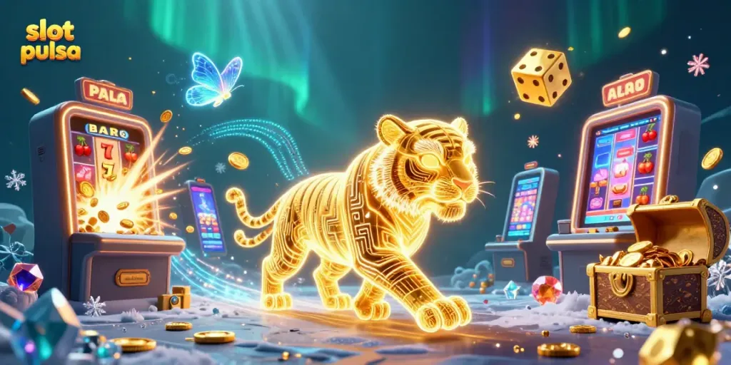 Experience slot pulsa excitement with dynamic casino action, featuring a golden tiger and slot machine bursts.