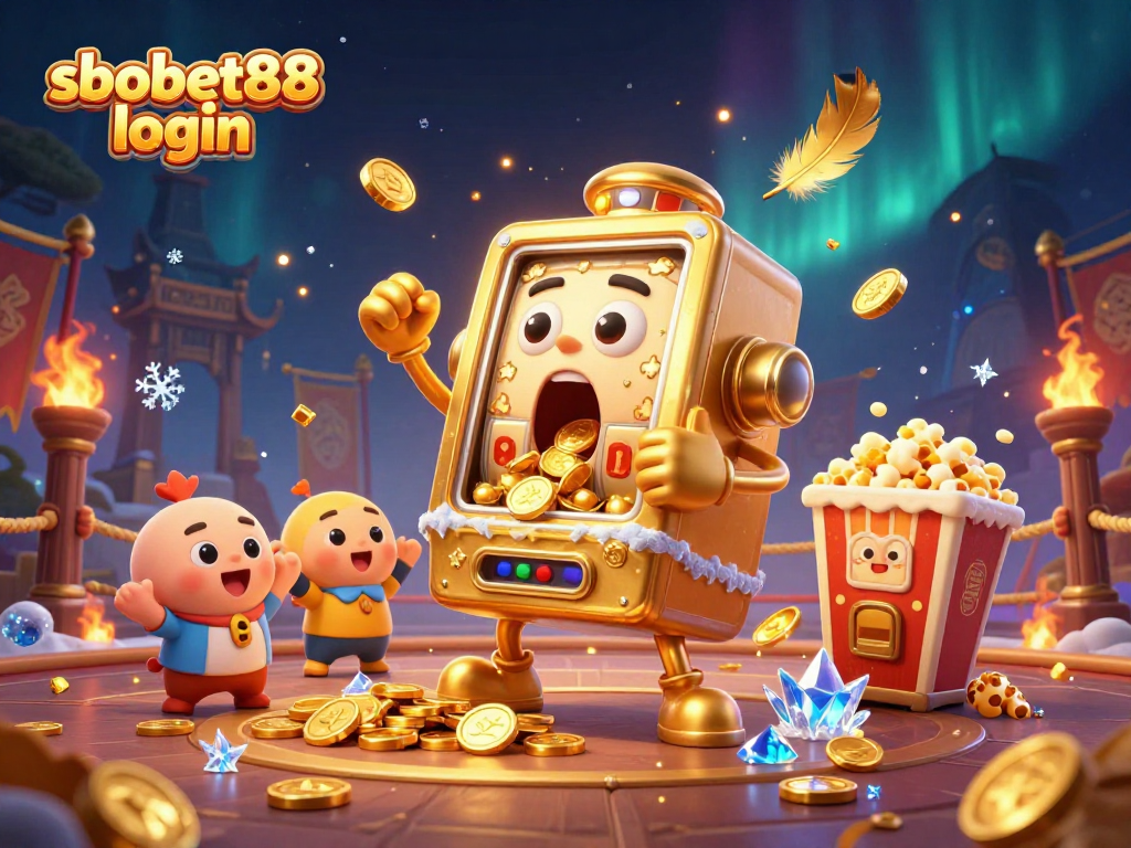 Experience the excitement of sbobet88 login as the golden slot machine hits a jackpot surrounded by cheering mini machines.