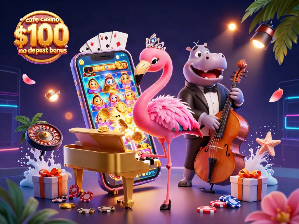 Experience the thrilling cafe casino $100 no deposit bonus with vibrant gaming action in a colorful scene.