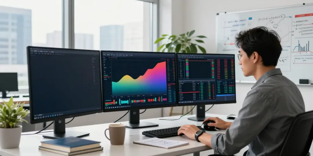 Trader analyzing complex TradingView charts in a modern office workspace.