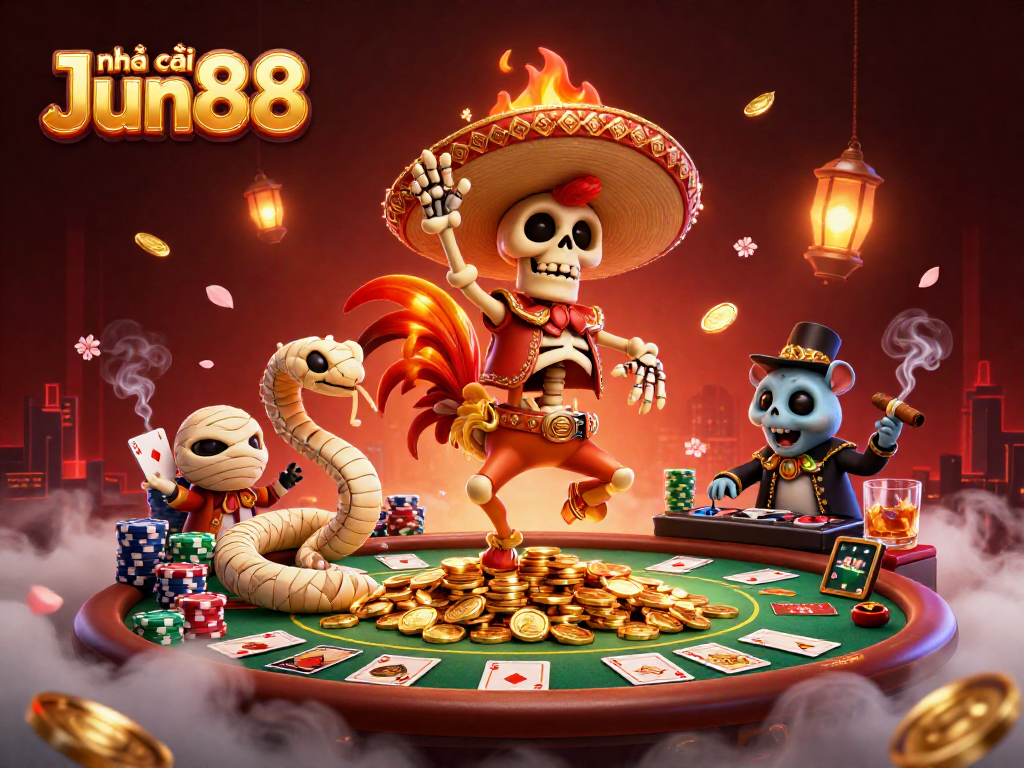 Experience the excitement at nhà cái Jun88 with an exhilarating 3D casino illustration of epic gaming.