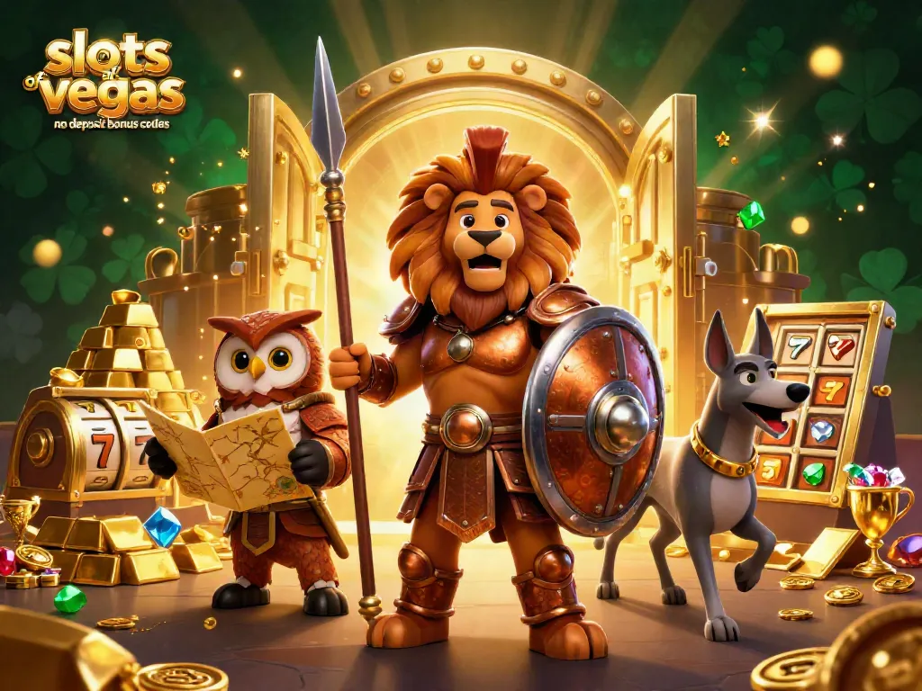 Spin and win with slots of vegas no deposit bonus codes surrounded by treasures and game elements.