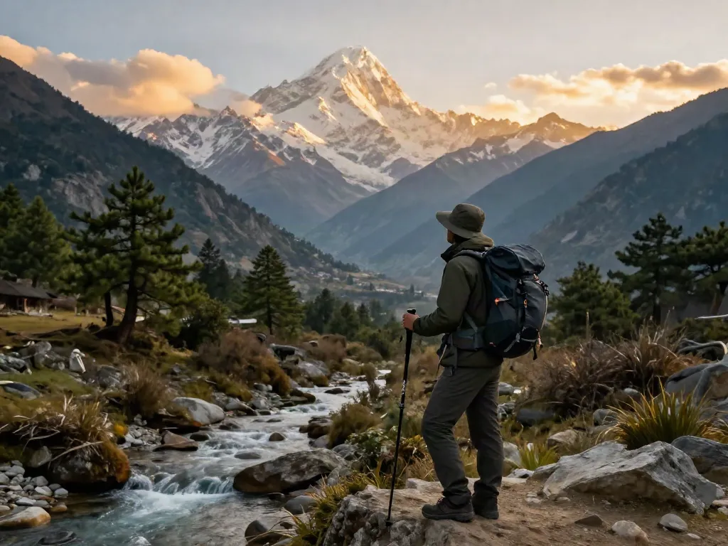 Manaslu Trek traveler enjoying panoramic views at sunset with mountain backdrop and trekking gear
