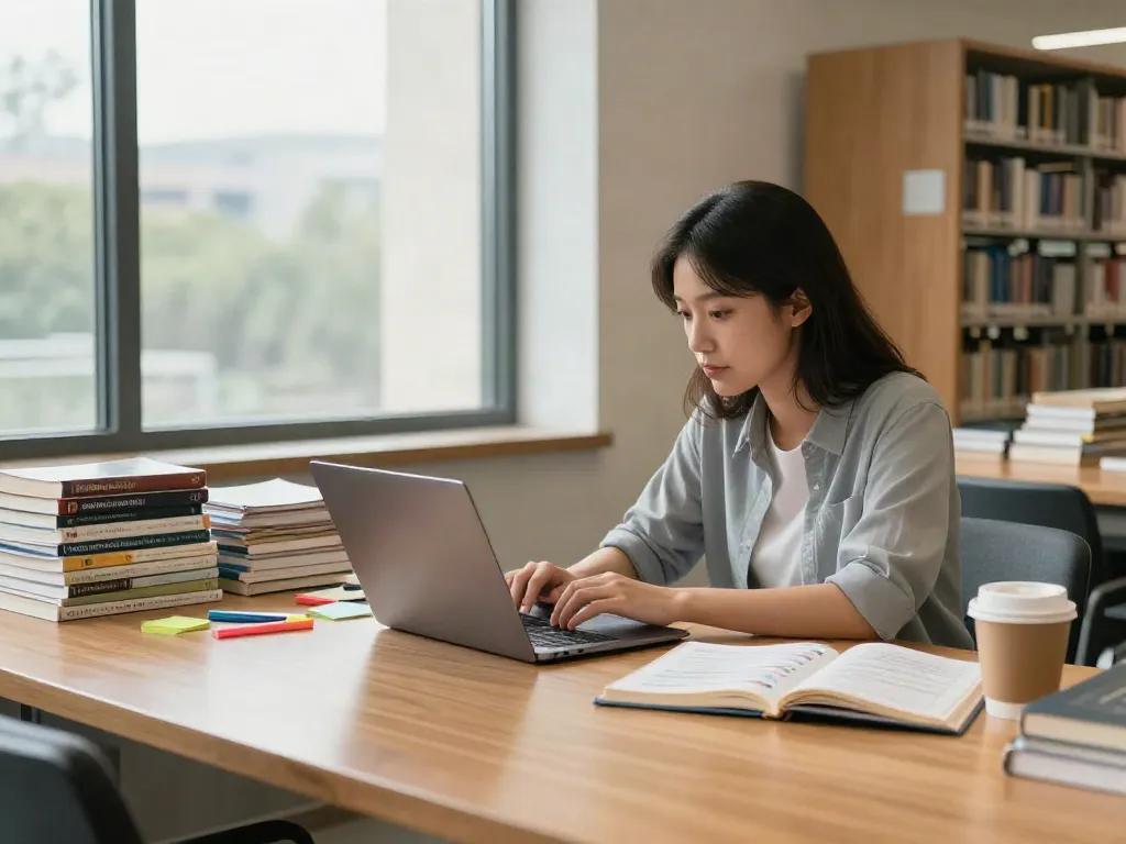 Academic woman accessing a full article in a bright library, surrounded by journals and research materials.