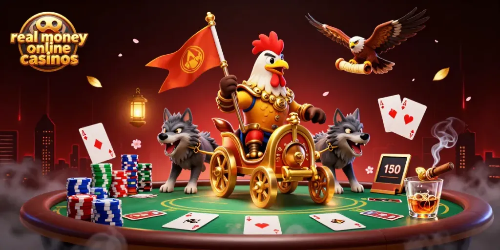 Engage with real money online casinos featuring a rooster warlord and poker elements in a vibrant 3D scene.