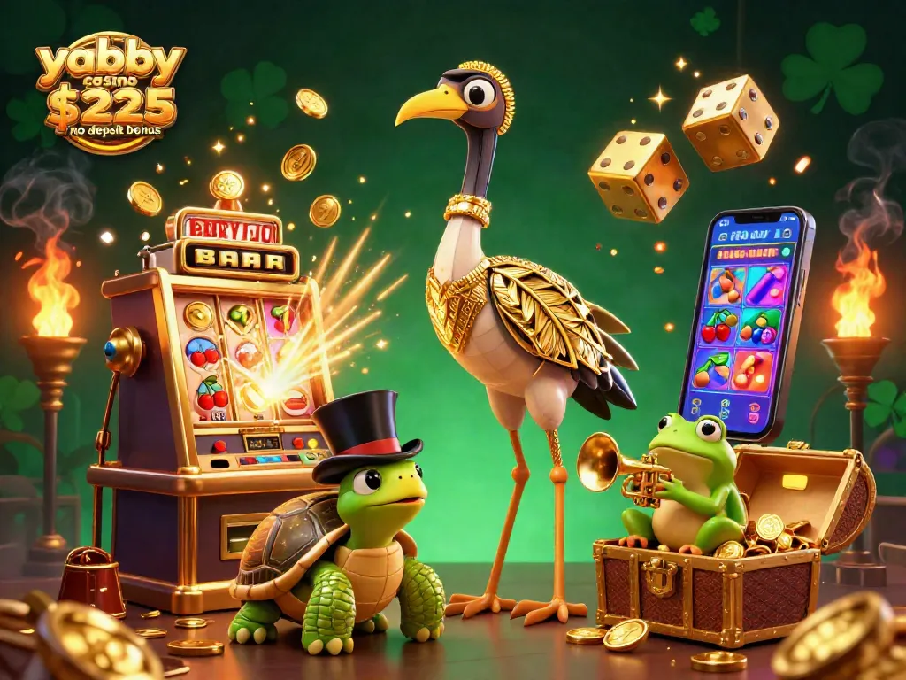 Experience the excitement with the yabby casino $225 no deposit bonus, featuring whimsical characters and vibrant casino elements.