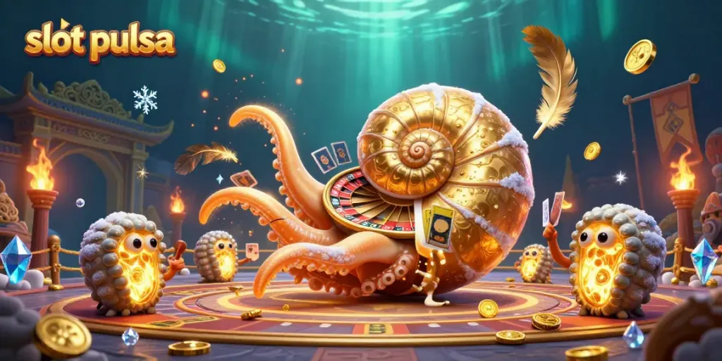 Spin to win at slot pulsa with a giant nautilus roulette wheel and golden glowing cards!