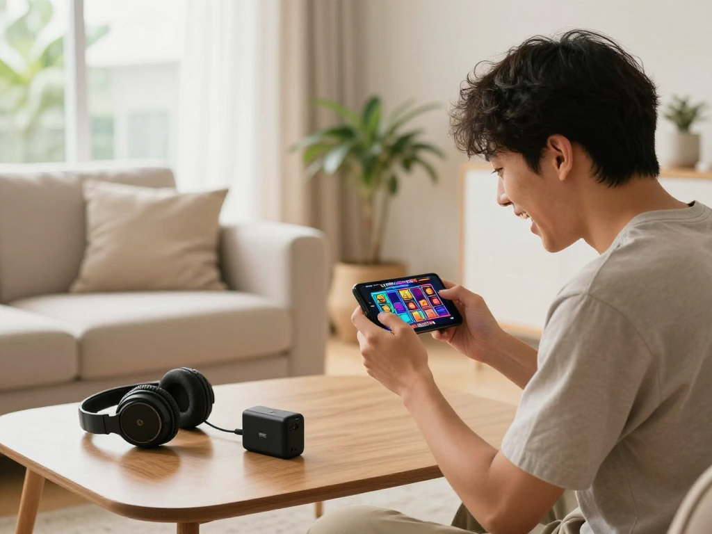 Pengguna bermain slot online di smartphone dengan LIGA335, suasana nyaman di ruang tamu.